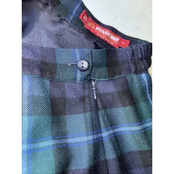 PITLOCHRY Scotland Pure Wool Pleated Tartan Skirt Womens 18 Lined Kilt Green VTG - Picture 3 of 8